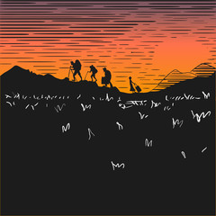 Comic strip. Tourists at night climb mountains. Sunset. Silhouettes of people against the background of the orange sky. - 179942888