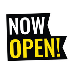 Now open. Vector ribbon icon illustration on white background. 