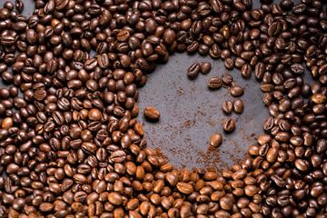 Top view on lying coffee beans.