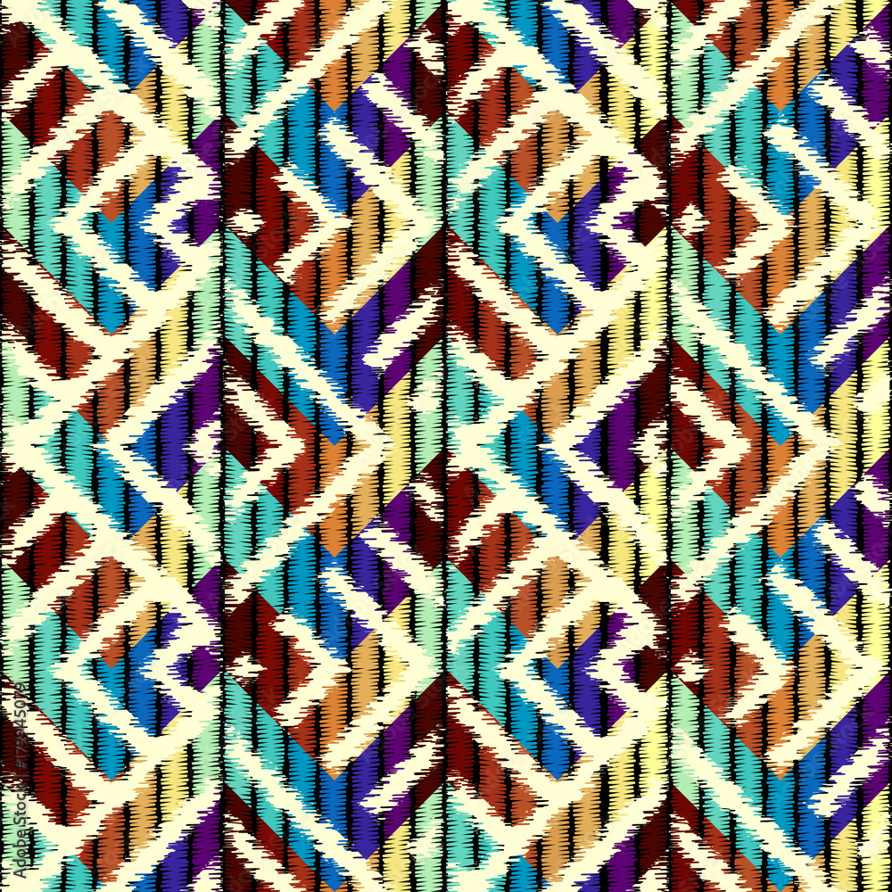 Poster Imitation of geometric embroidery pattern. Colored lines on a black background. Ethnic and tribal motifs. Seamless vector background in the bohemian style.