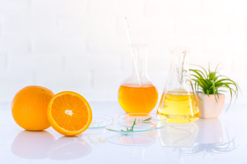 Health and Beauty background Citrus essential, research and sample natural organic concept in vitamin c , beauty care aroma therapy.