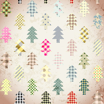 Seamless Christmas background in patchwork style. Christmas trees on vintage background.