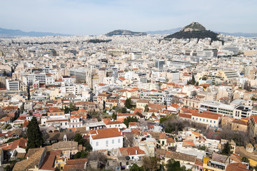 Fototapeta na wymiar View of the City of Athens, Greece with Two Hills from the Acropolis
