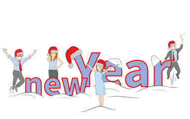 little people near the inscription of the new year. concept of New Year's holidays. vector illustration.