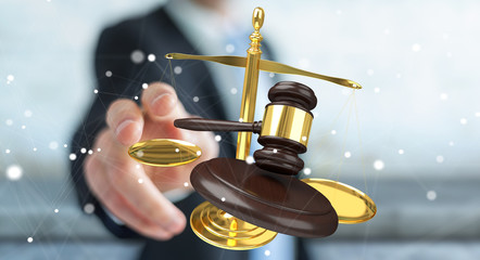 Businessman with justice hammer and weighing scales 3D rendering