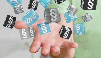 Businessman holding and touching 3D rendering law cubes