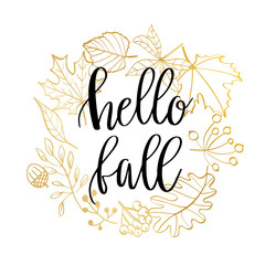 Hand drawn vector illustration. Wreath with Fall leaves. Forest design elements. Hello Autumn