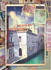 Papier Peint photo Lavable Imagination Lettres et cartes postales italiennes vintage de Venise avec de vieux timbres-poste