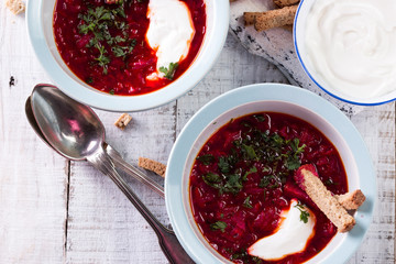 beetroot soup. Traditional ukrainian russian polish beet soup.