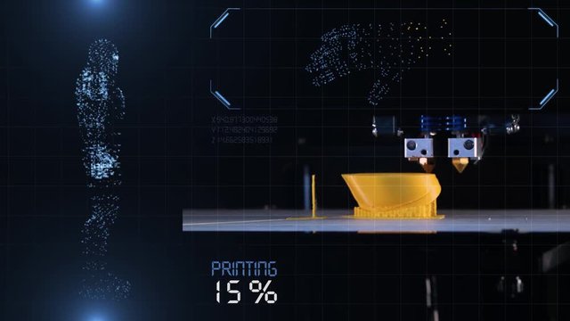 3d printer prints the model of the hand, the process of printing the hand prosthesis on the 3d printer. Motion graphic element, view of the human robot circuit.
