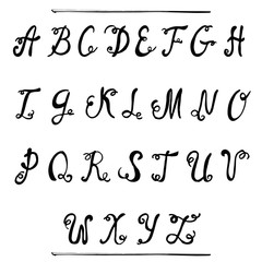 Black ink hand drawn alphabet, capital letters. Curly vintage font.