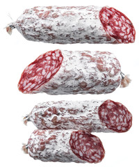 Delicious dry sausage on a white background.