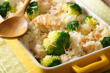 Healthy food: rice baked with broccoli, chicken and cheese macro. horizontal