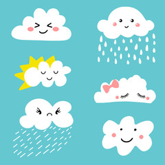 Cute and adorable cartoon weather clouds icon set