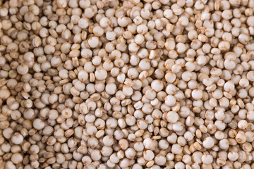 Red, black and white quinoa seeds on a wooden background