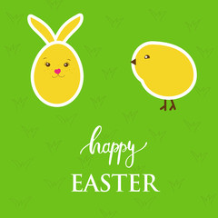 Vector easter card with  egg, rabbit, chick on green grass background