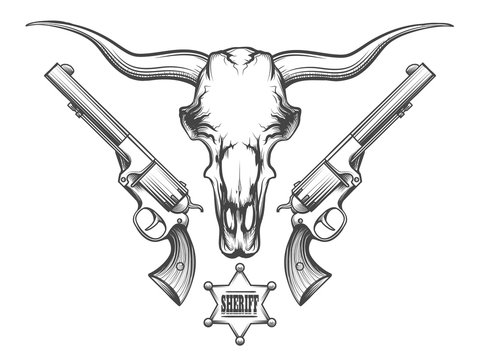 Naklejki Bull skull with revolvers drawn in engraving style