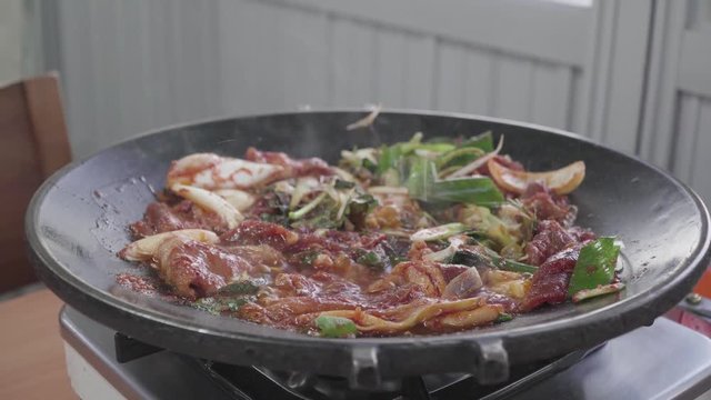 Black pork dish and miso pot of Cheju Island Tae Kwang restaurant
