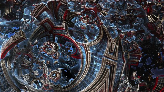 3d fractal of future city. Development of civilization in galaxy spiral galaxy. High-tech settlement on space cosmos orbit. Energy of metal concept.