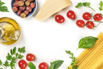 Italian food products on white with copy space
