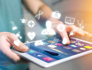 View of Medecine and general healthcare icon displayed on a technology interface