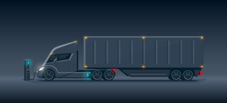 Modern Futuristic Dark Electric Semi Truck with Trailer Charging at Charger Station