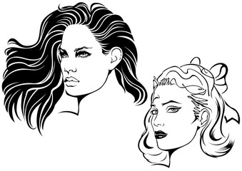 Two Sketches of Female Face - Black and White Illustration, Vector