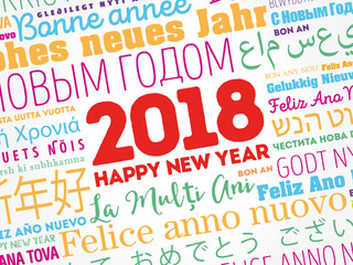 2018 Happy New Year in different languages, celebration word cloud greeting card