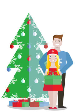 A man and a blond woman are standing near a Christmas tree. A girl is holding a Christmas gift box in her hands. Vector illustration. Flat design.