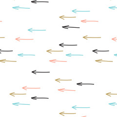 Vintage hand drawn doodle seamless pattern with black, blue and gold spots and arrows.