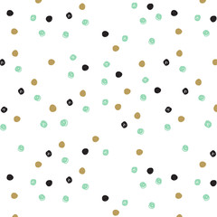 Vintage hand drawn doodle seamless pattern with black, pink and gold dots.