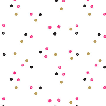 Vintage Hand Drawn Doodle Seamless Pattern With Black, Pink And Gold Dots.