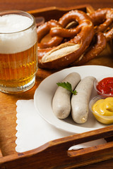 Boiled white sausage, served with beer and pretzels. Perfect for Octoberfest.