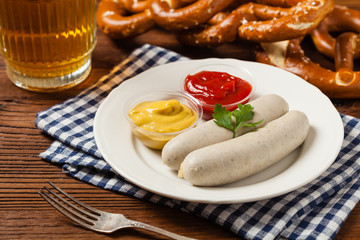 Boiled white sausage, served with beer and pretzels. Perfect for Octoberfest.