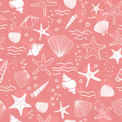 Sea shells, seastars and corals seamless background