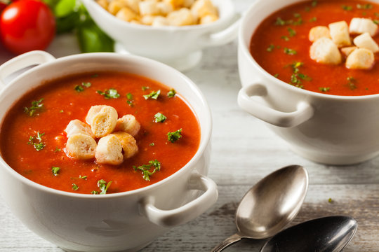 Traditional tomato soup, served with croutons.