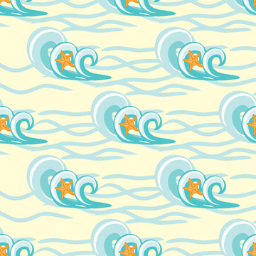 Background waves and starfish, seamless sea pattern