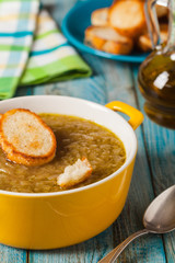 Classic onion soup with croutons.