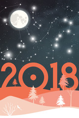 Fototapeta premium Winter scenery with galaxy and full moon on the sky. Happy 2018 New Year Christmas Card in magenta shades featuring fir trees, snow, cosmos and stars.