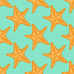 Fototapeta na wymiar Background with waves and starfish, seamless sea pattern.
