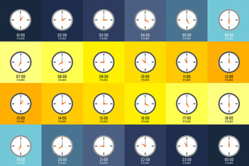 TWENTY FOUR HOURS
clocks shows what time it is on different color background. Every hour is indicate with number. 