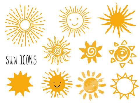 Hand drawn vector set of different suns icons isolated on white.