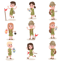 Set of boys and girls scouts with hiking equipment, summer camp activities