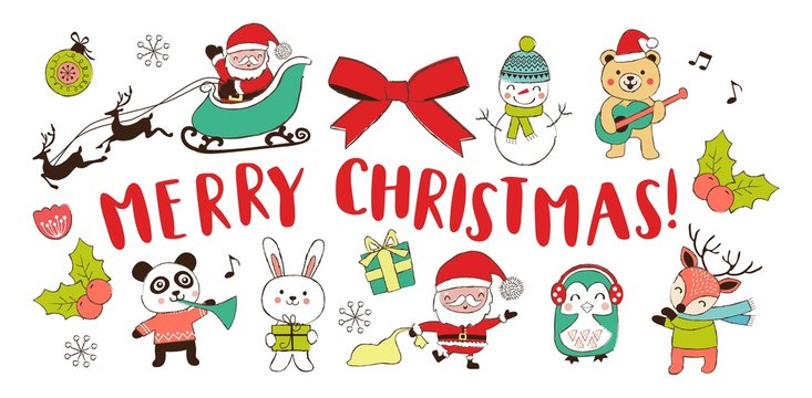 Hand drawn Christmas design elements and cute cartoon Christmas characters. Vector illustration.