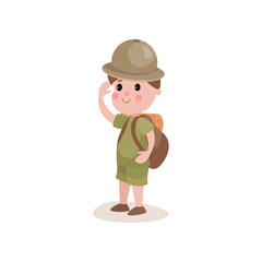 Flat cartoon character boy scout standing with backpack on white background