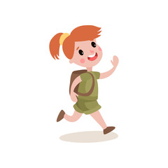 Red-haired girl scout running with cheerful face expression, summer camp activities