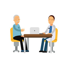 Male therapist in uniform sitting behind table and talking with old man patient