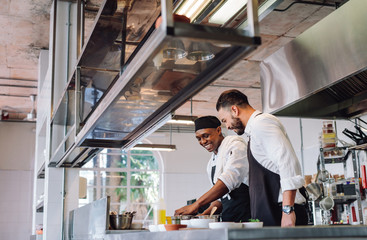 Two cooks preparing food in restaurant kitchen - obrazy, fototapety, plakaty