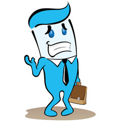Illustration of an executive blue mascot, embarrassed, shy and introverted. Ideal for training, internal and institutional matters