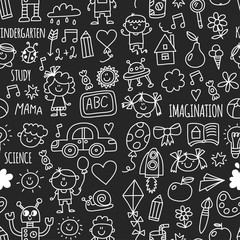 Seamless pattern School, kindergarten. Happy children. Creativity, imagination doodle icons with kids. Play, study, grow Happy students Science and research Adventure Explore